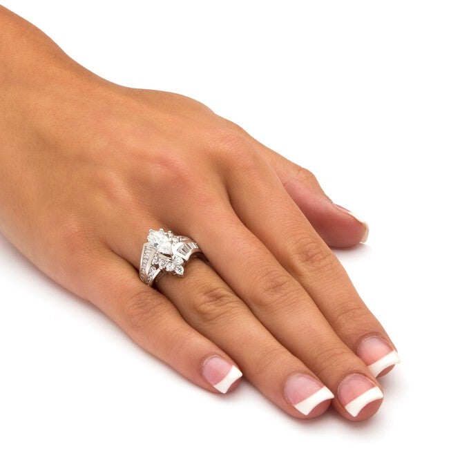 Platinum-Plated Marquise Engagement Ring Cubic Zirconia, , alternate image number null