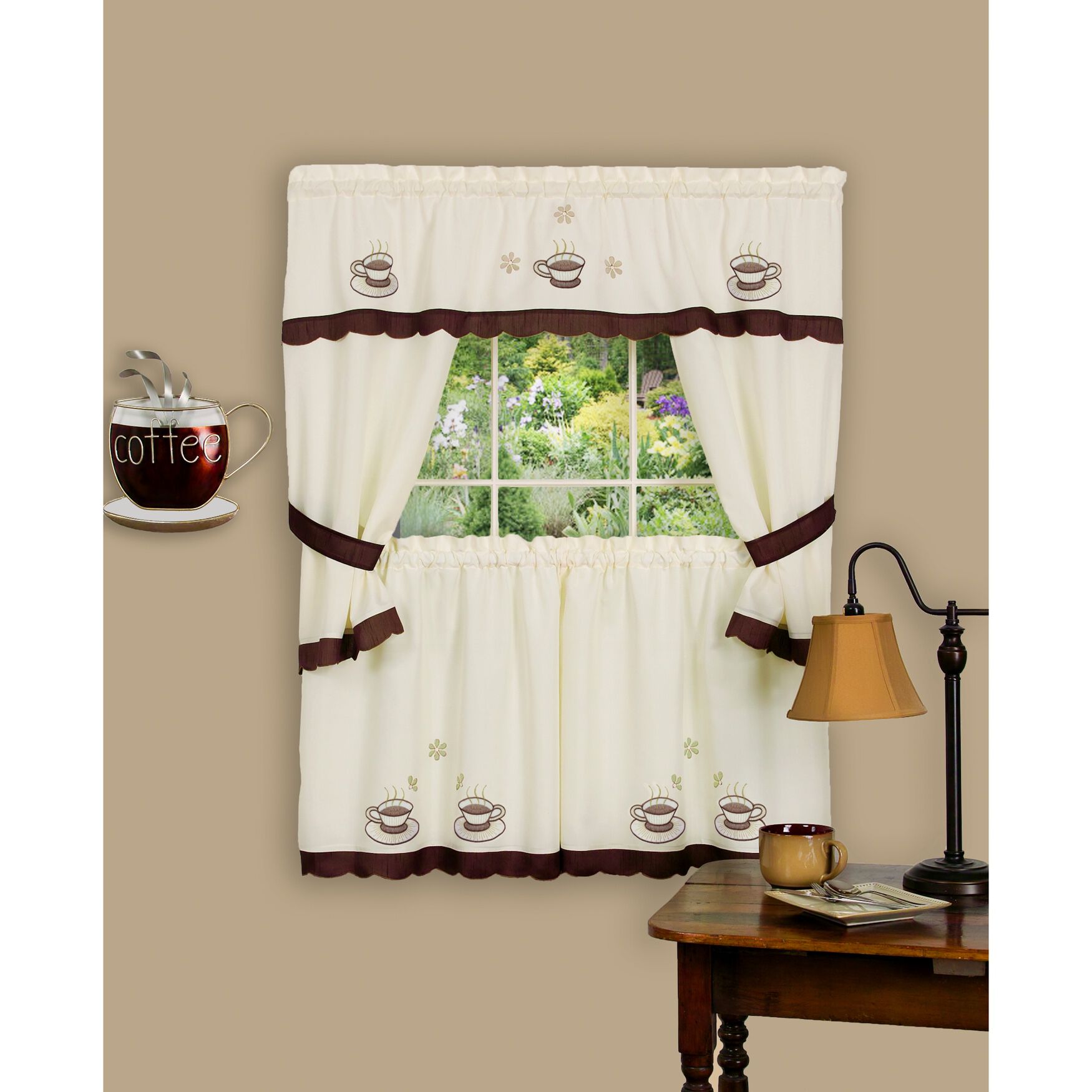 Cuppa Joe Embellished Cottage Window Curtain Set, BROWN, hi-res image number 0