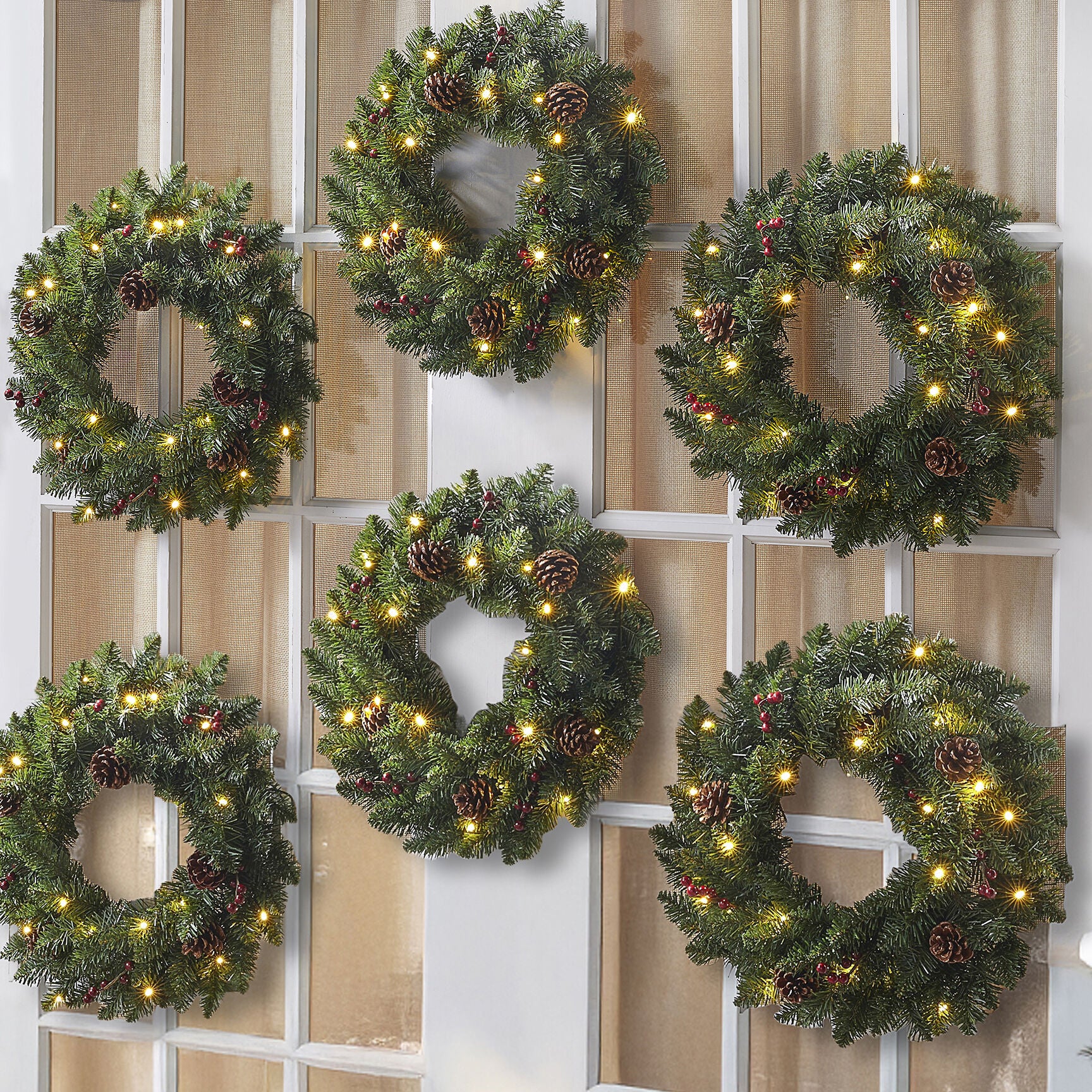 18" Pre-Lit Arrow-Tip Wreaths, Set of 6