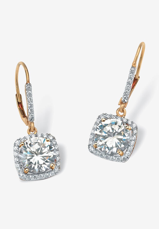 Yellow Gold over Sterling Silver Halo Drop Earrings Cubic Zirconia, GOLD, hi-res image number null