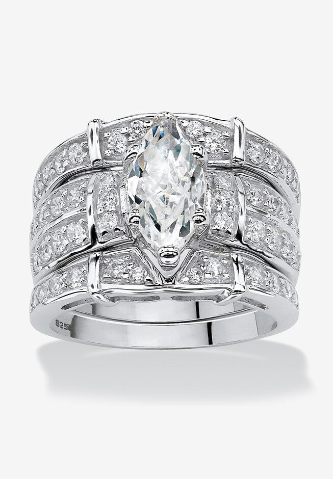 Silver Marquise Cut 3 Piece Multi Row Bridal Ring Set Cubic Zirconia, SILVER, hi-res image number null