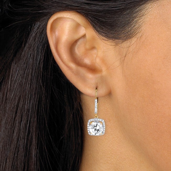 Yellow Gold over Sterling Silver Halo Drop Earrings Cubic Zirconia, , alternate image number null