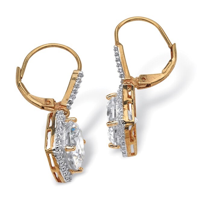 Yellow Gold over Sterling Silver Halo Drop Earrings Cubic Zirconia, , on-hover image number null