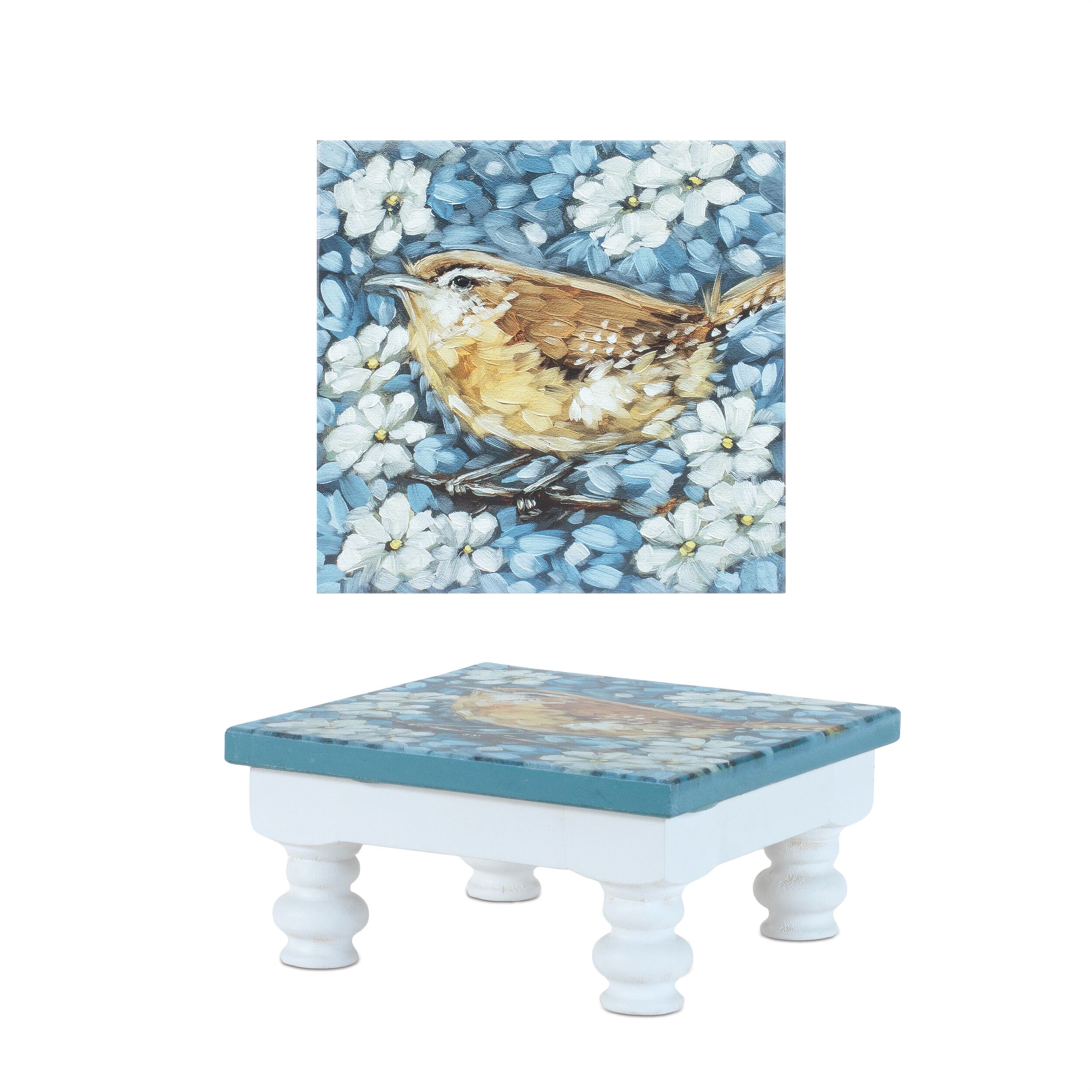 Wooden Floral Bird Pedestal Tray Set of 2, BLUE WHITE, alternate image number 3