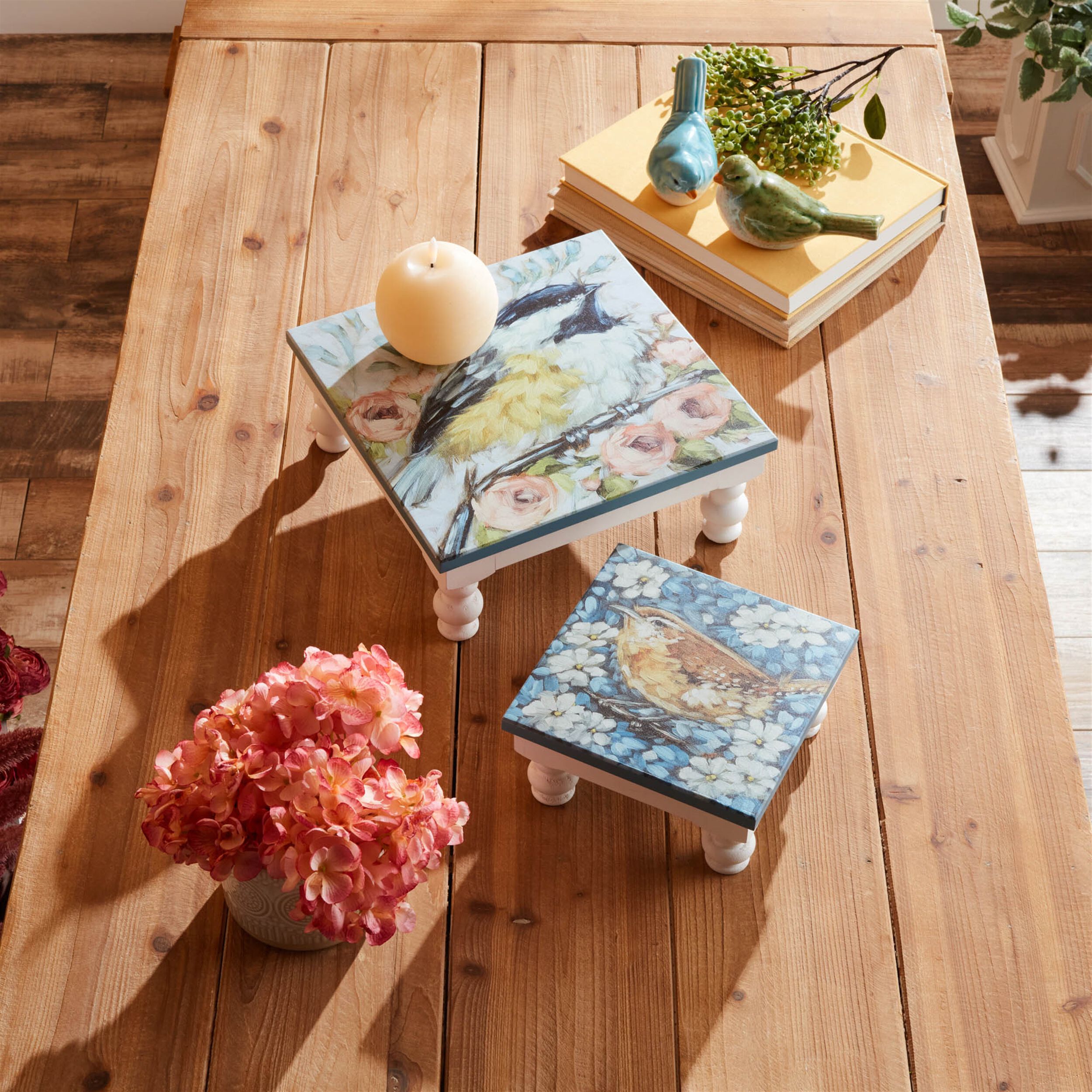 Wooden Floral Bird Pedestal Tray Set of 2, BLUE WHITE, alternate image number 1