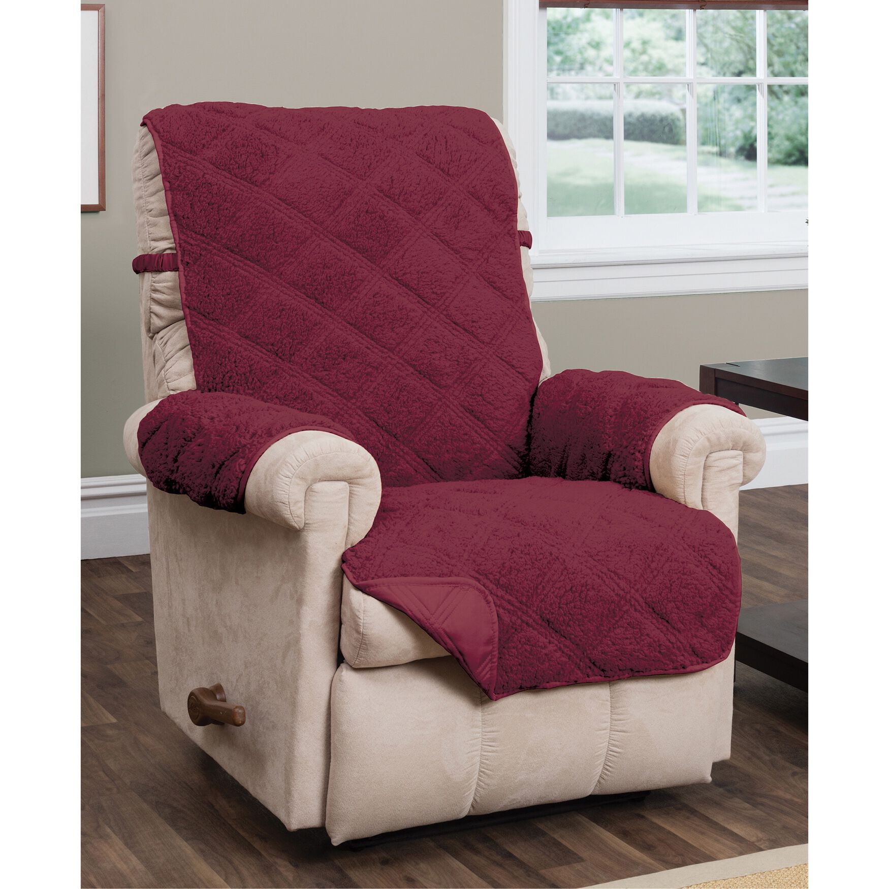 Hudson Reversible Sherpa to Microfiber Recliner Furniture Cover, BURGUNDY, hi-res image number 0