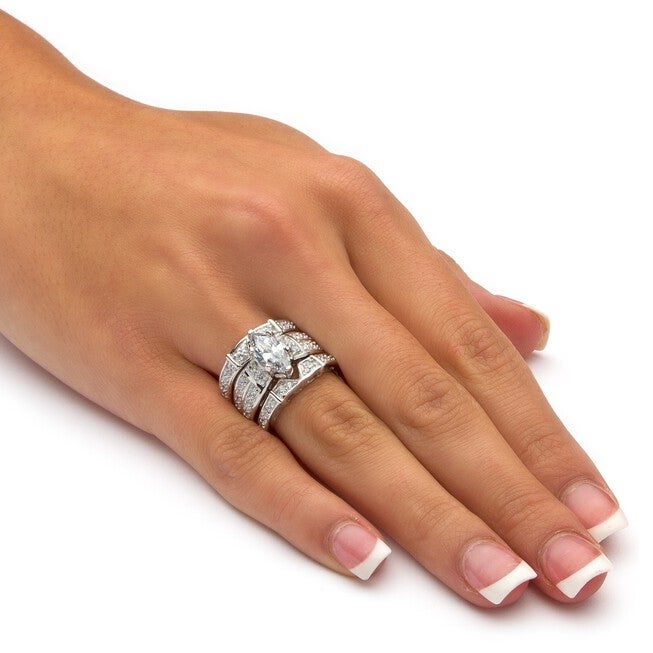 Silver Marquise Cut 3 Piece Multi Row Bridal Ring Set Cubic Zirconia, , alternate image number null