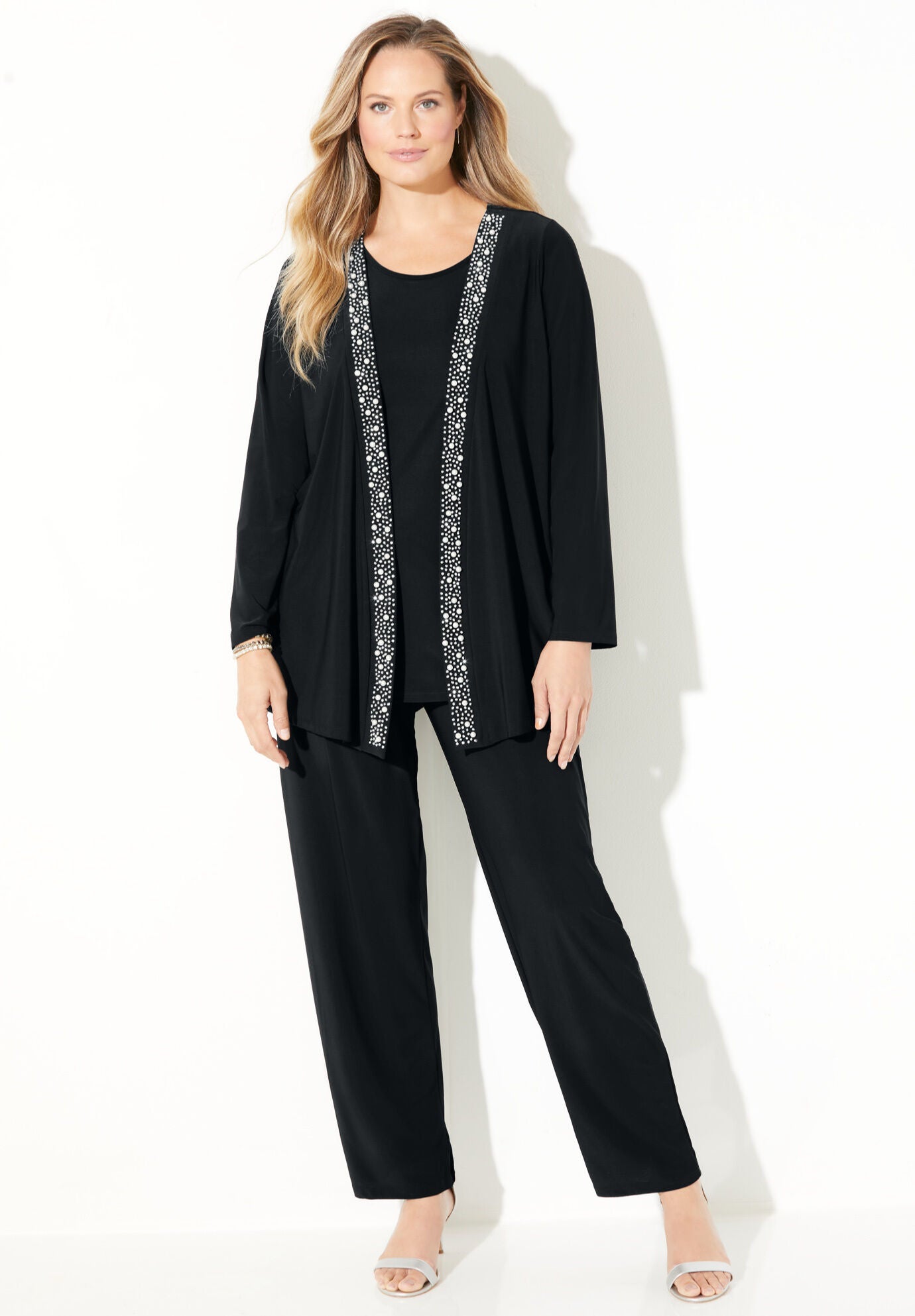 Beaded Trim 3-Piece Jacket Pant Set, BLACK, hi-res image number 0