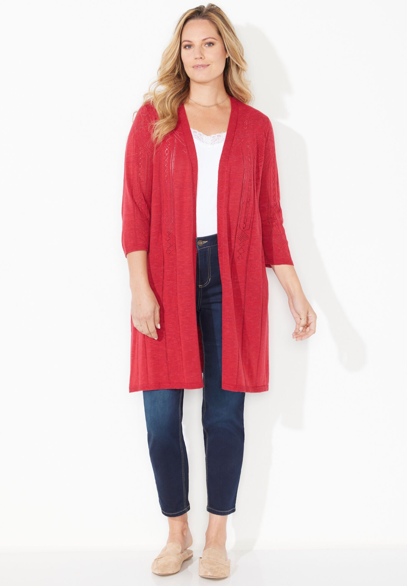 Pointelle Stitch Cardigan, CLASSIC RED, hi-res image number 0