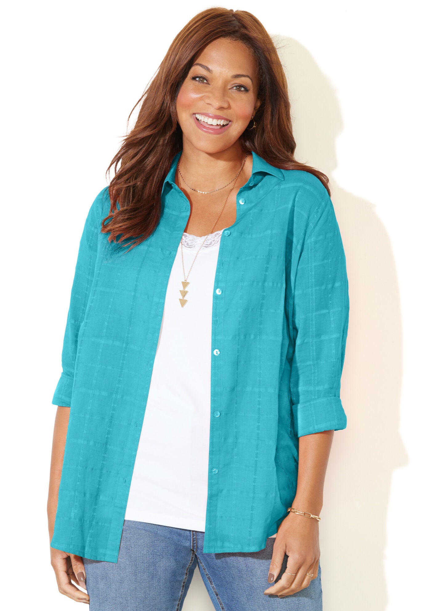 Windowpane Buttonfront Shirt, AQUA BLUE, hi-res image number 0