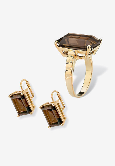 Yellow Gold-Plated Genuine Smoky Quartz Ring and Earring Set, , on-hover image number null
