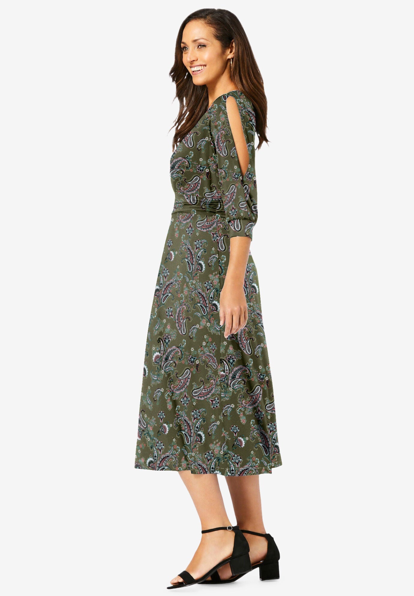 Stretch Knit Slit Sleeve Midi Dress, , alternate image number 2