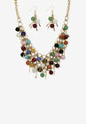 Goldtone Multi Color Genuine Agate Bead and Necklace and Earring Set, 18 inch plus 3 inch extension, GOLD, hi-res image number null