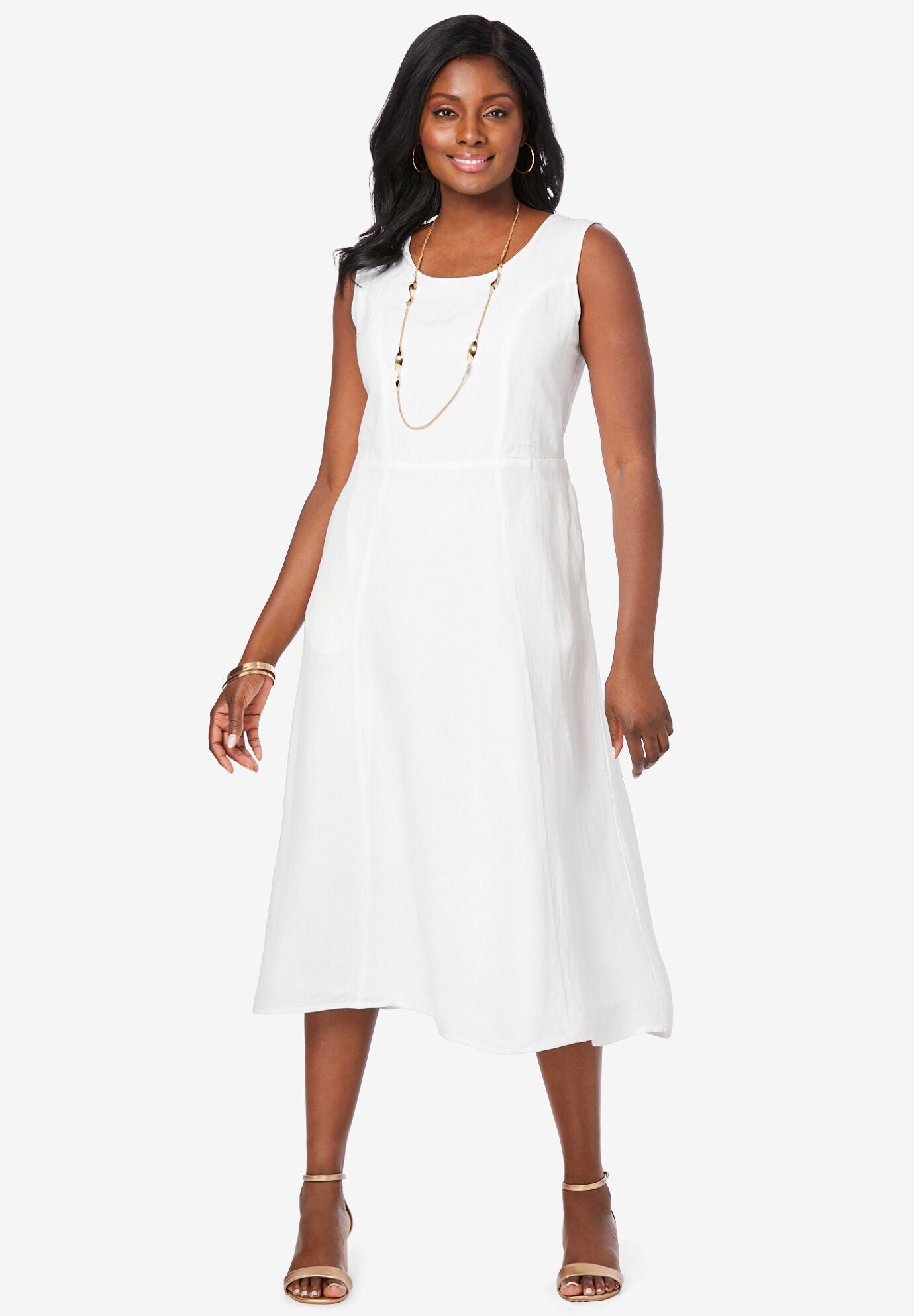 Linen Fit & Flare Dress, WHITE, on-hover image number 1