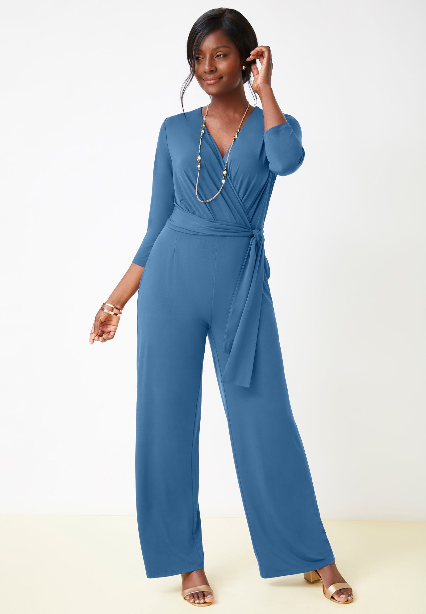 Wide Leg Knit Jumpsuit, DUSTY INDIGO, hi-res image number 0