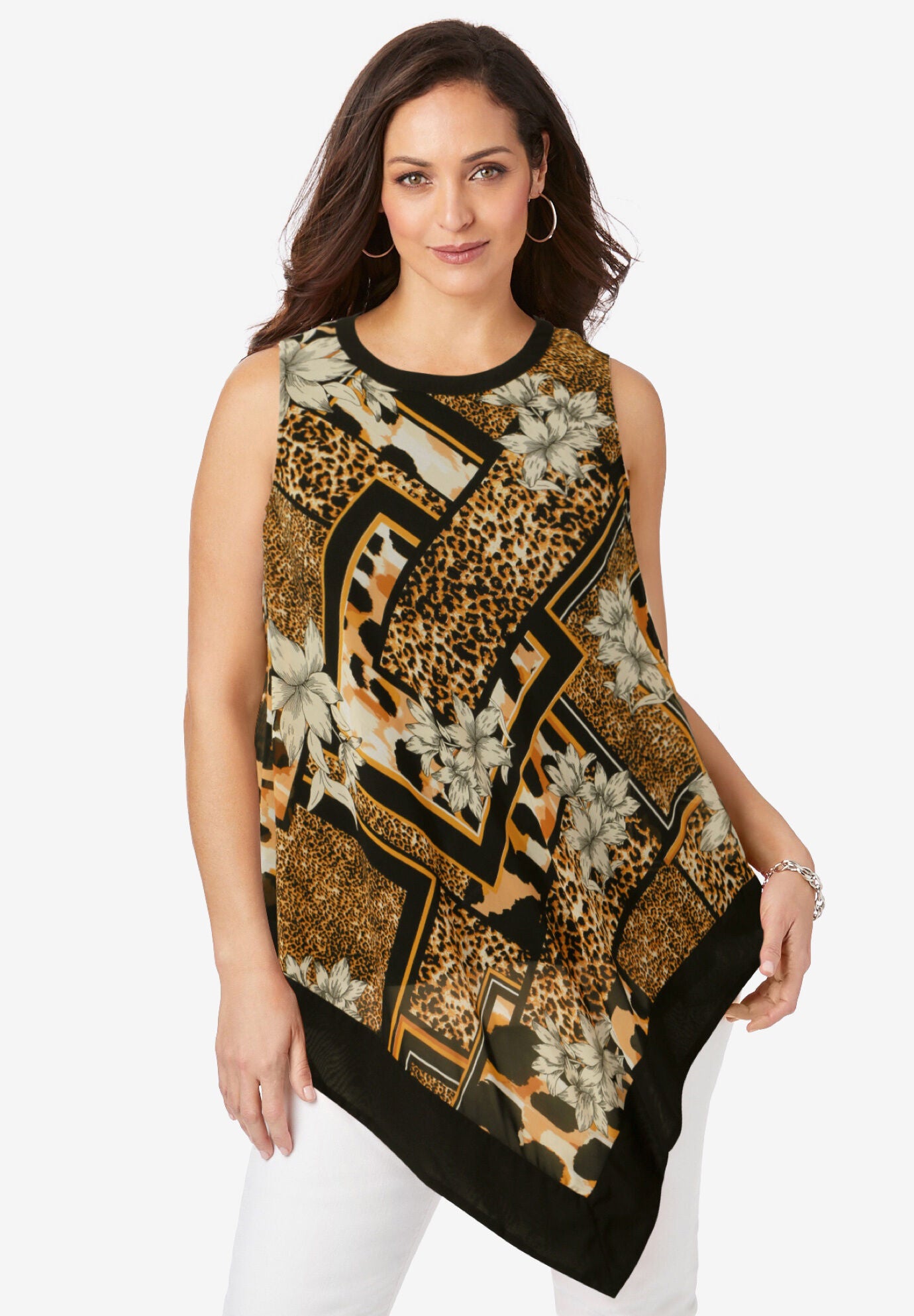 Handkerchief Hem Tunic, BLACK ANIMAL SCARF, hi-res image number 0