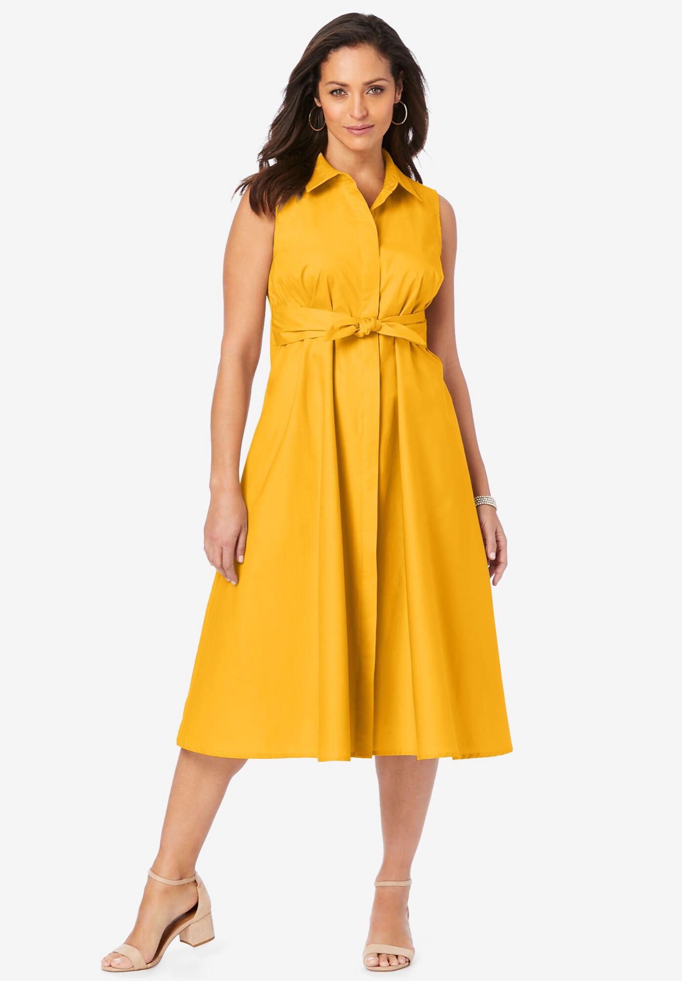 Stretch Cotton Sleeveless Shirtdress, SUNSET YELLOW, hi-res image number 0