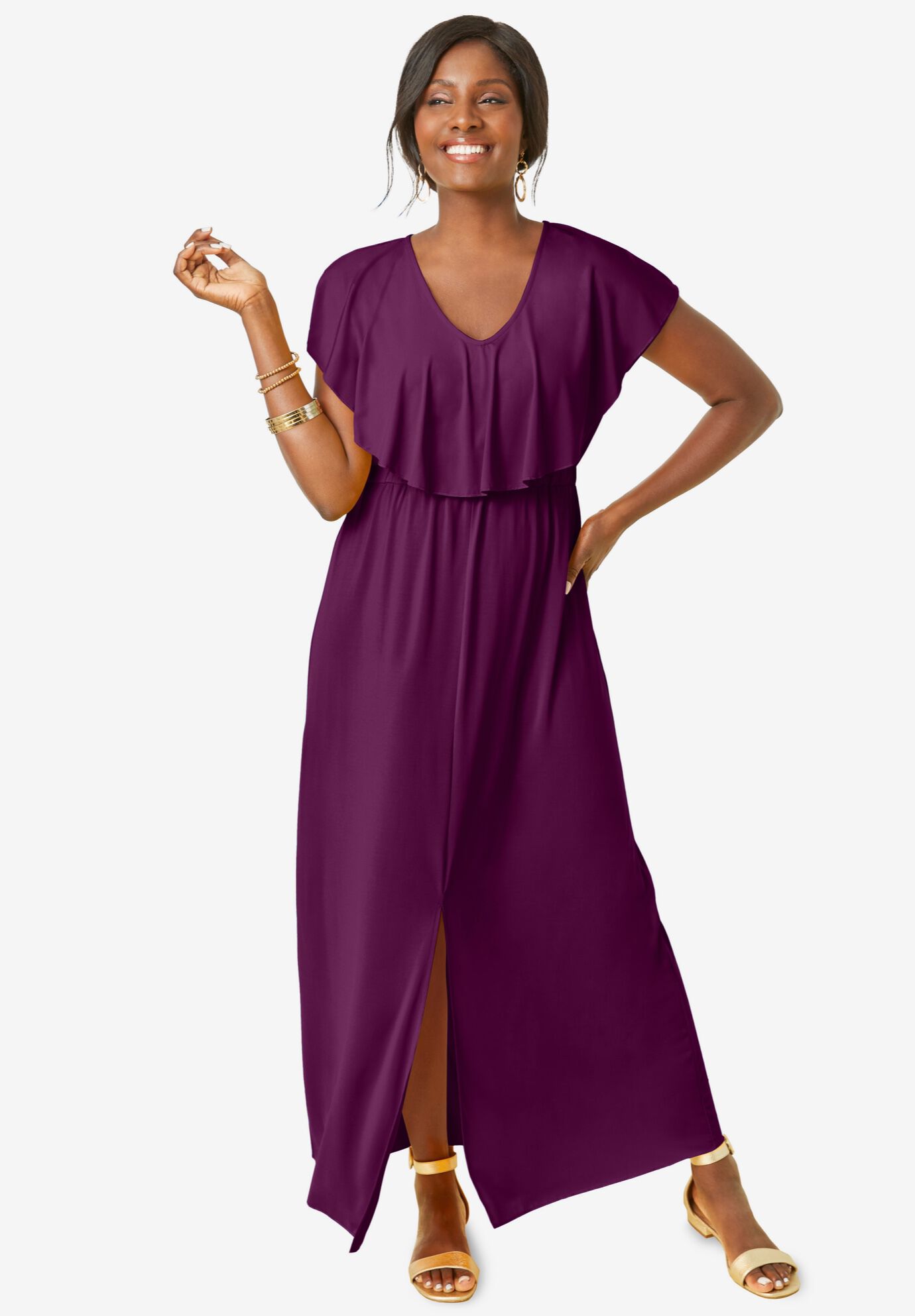 Stretch Knit Ruffle Maxi Dress, DARK BERRY, hi-res image number 0