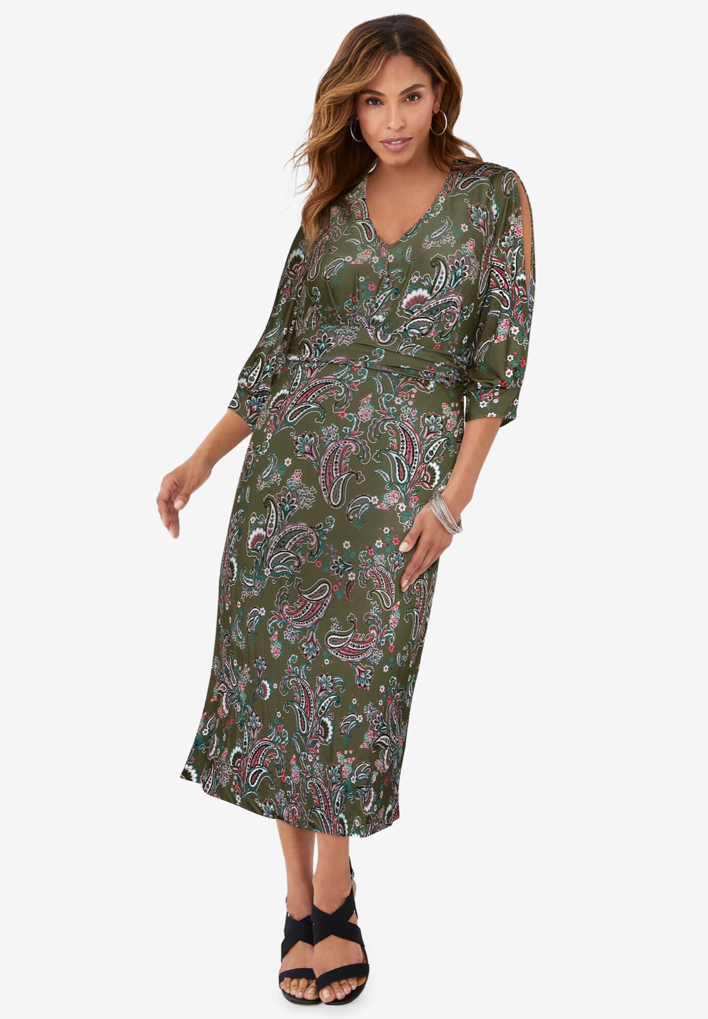 Stretch Knit Slit Sleeve Midi Dress, DARK OLIVE GREEN SHADOW PAISLEY, hi-res image number 0