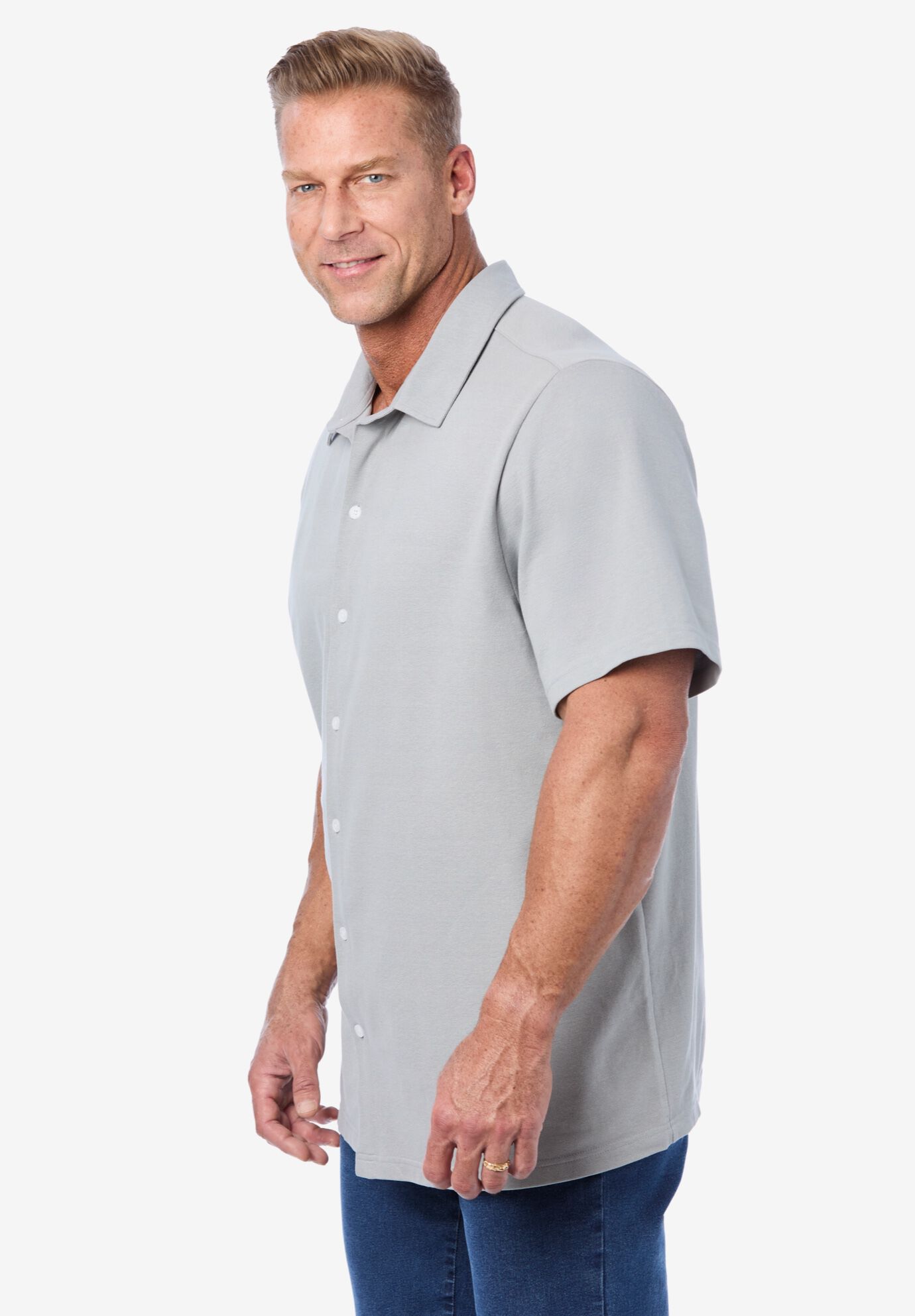 Lightweight Stretch Mesh Piqu&eacute; Button Down Shirt, STONE GREY, alternate image number 2