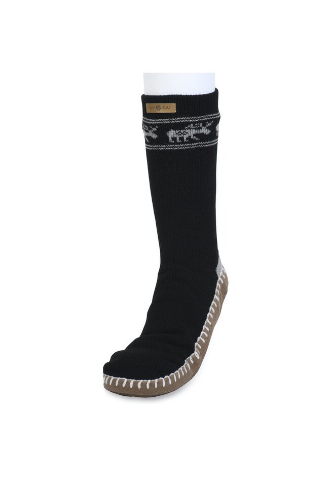 Mens Cuffed Pattern Slipper Socks With Faux Shearling Lining Slipper Sock, BLACK MOOSE, hi-res image number null