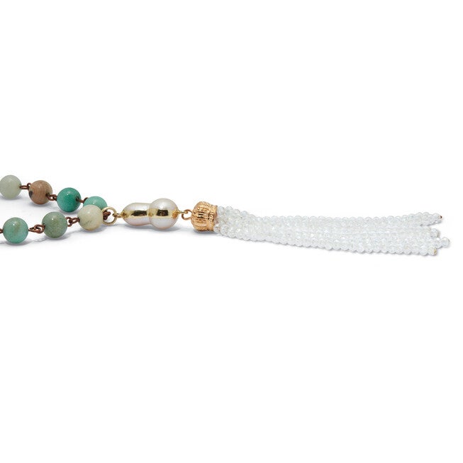 Genuine Green Amazonite Goldtone Beaded Tassel Necklace 34-inch, WHITE, on-hover image number null