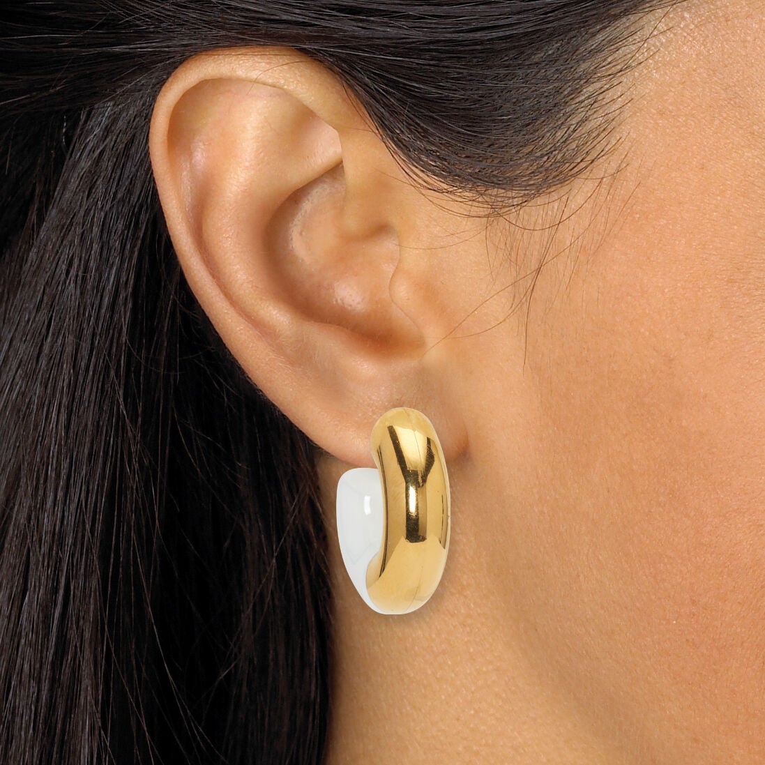 Acrylic Link Necklace and Gold Ion-Plated Stainless Steel Hoop Earrings Set, GOLD WHITE, alternate image number 3