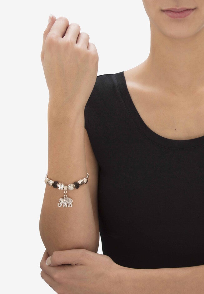 Silvertone Round Black Crystal Antiqued Elephant Charm Bracelet, , alternate image number 2