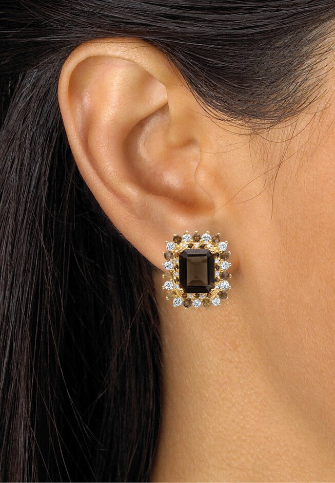 10.31 Tcw Emerald-Cut Genuine Smoky Topaz And Cz Gold-Plated Halo Earrings, , alternate image number 2