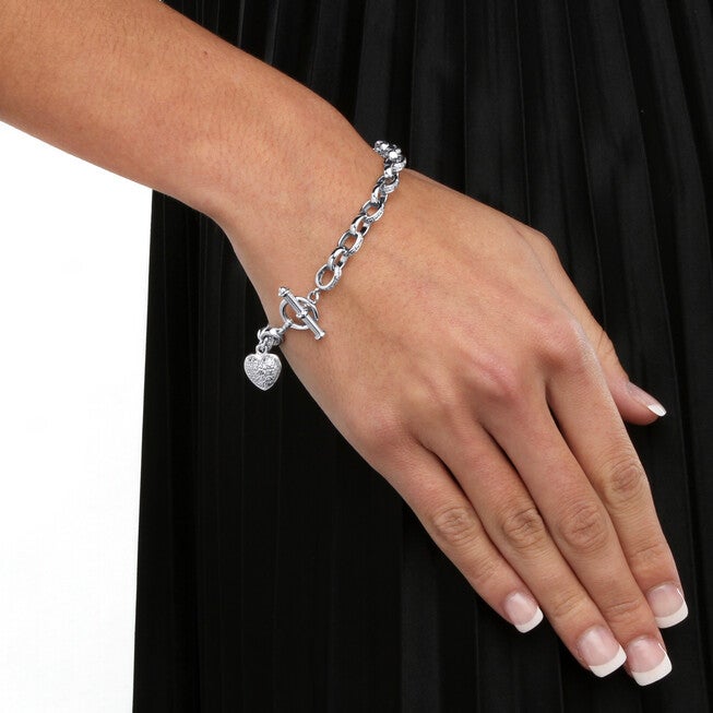 Diamond Accent Heart Charm Bracelet in Platinum-plated Sterling Silver 7.25 inches, WHITE, alternate image number null
