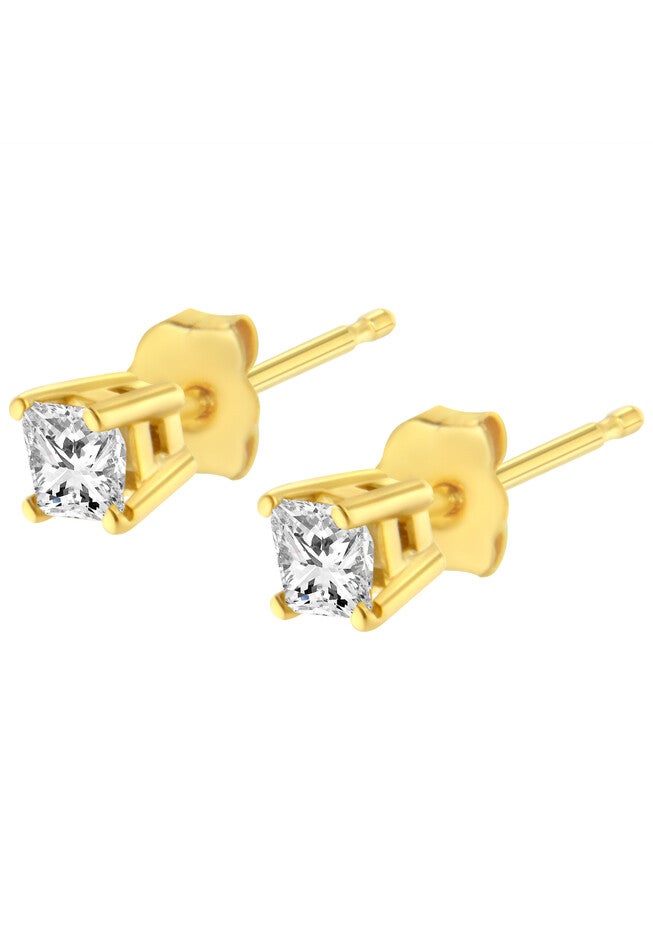 Yellow Gold Princesscut Diamond Petite Classic Square Stud Earrings, , alternate image number null
