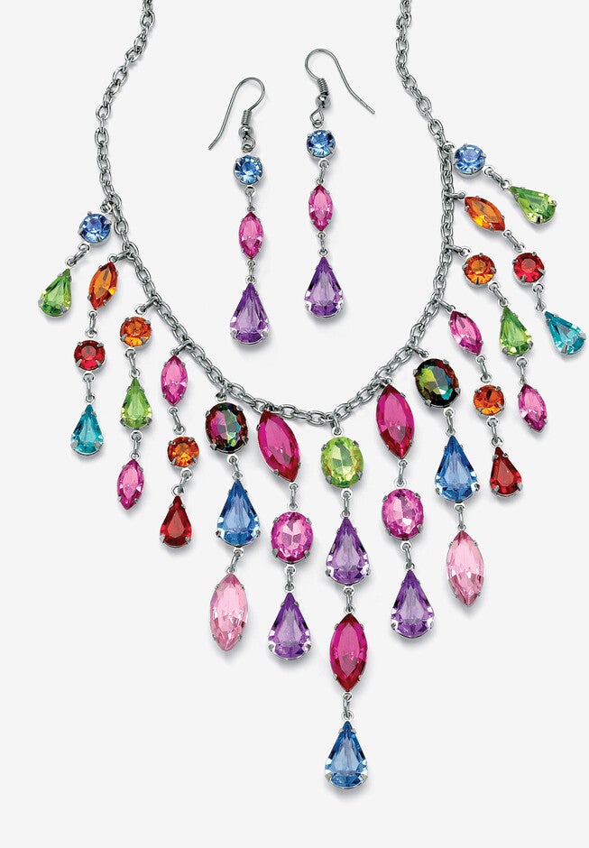 Multicolor Crystal Bib Necklace And Earrings 2-Piece Set In Antiqued Silvertone, , alternate image number 5