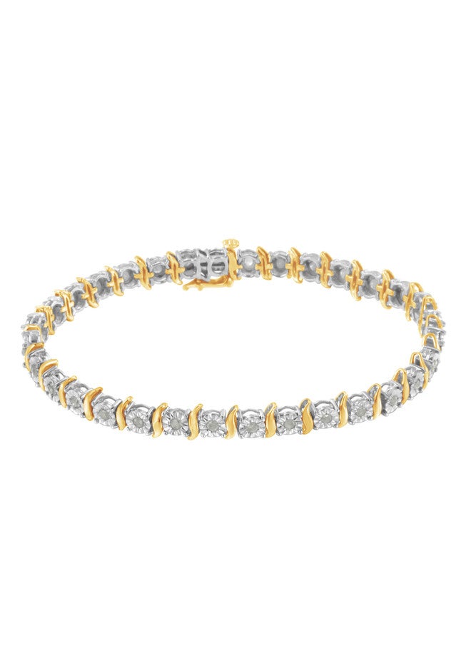 Two Toneyellow Gold Over Sterling Silver Diamond Scurve Link Miracleset Tennis Bracelet 8 inches, , on-hover image number null