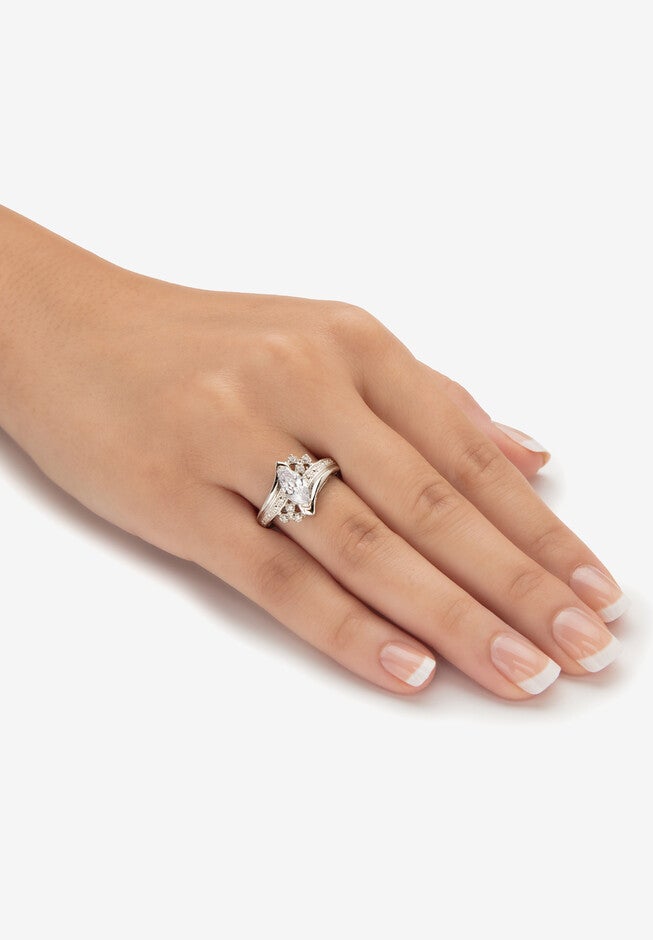 1.03 Tcw Marquise-Cut Cubic Zirconia Platinum-Plated Silver Engagement Ring, , alternate image number 2