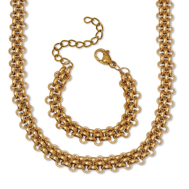 Yellow Gold Ion-Plated Stainless Steel Fancy Link Necklace Set 18-inch, GOLD, hi-res image number 0