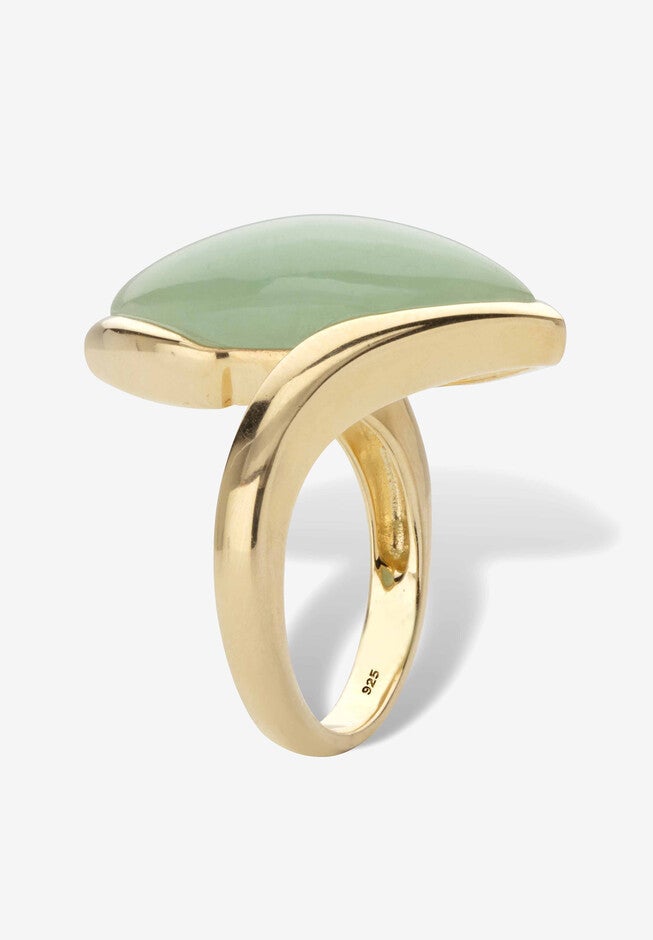 Marquise-Cut Genuine Green Jade Gold-Plated Sterling Silver Cabochon Bypass Ring, , on-hover image number 1