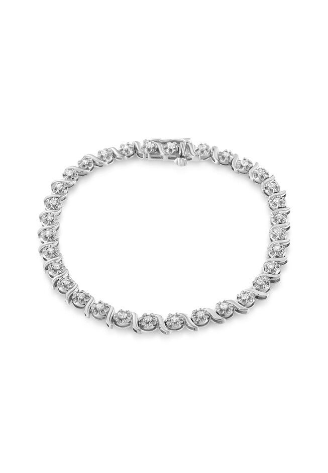 Sterling Silver Diamond Spiral Wave Curvedlink Tennis Bracelet, WHITE, hi-res image number 0
