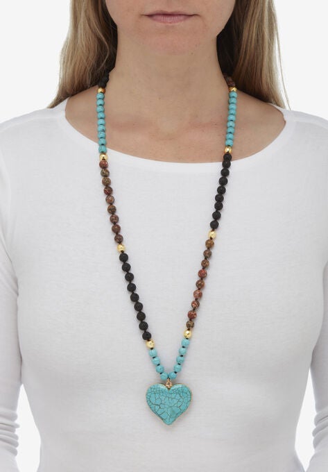 Genuine Turquoise Jasper Heart Pendant Necklace 34 Inch, , alternate image number null