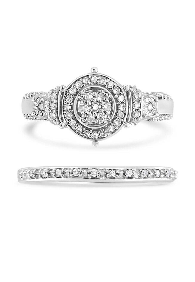 Silver 1/3 Cttw Diamond 7 Stone Cluster And Halo Engagement Set, , on-hover image number null
