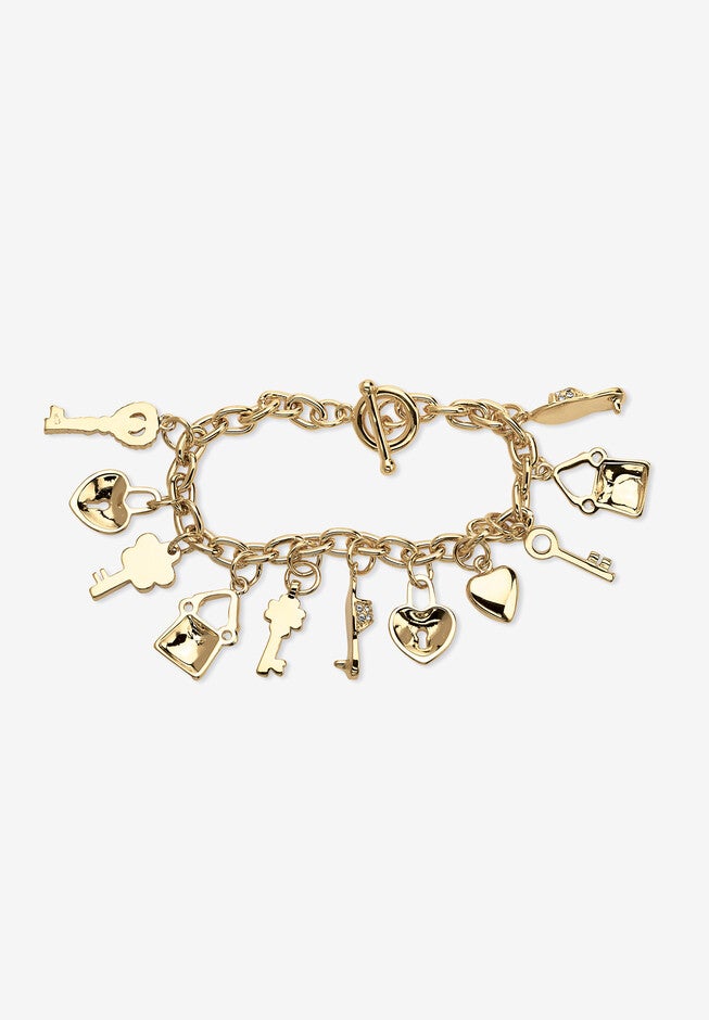 Gold-Plated Shoe,Purse,Heart Lock And Key Charm Bracelet, Crystal 7.5 inches, , on-hover image number null