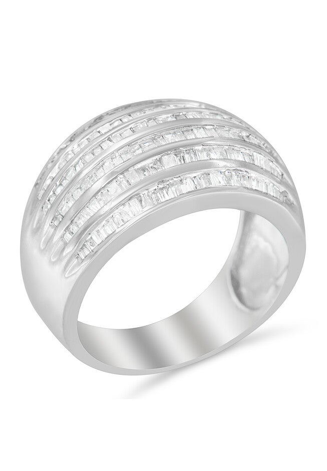 Sterling Silver Baguettecut Diamond Channel Set Domed Tapered Cocktail Ring, WHITE, hi-res image number 0