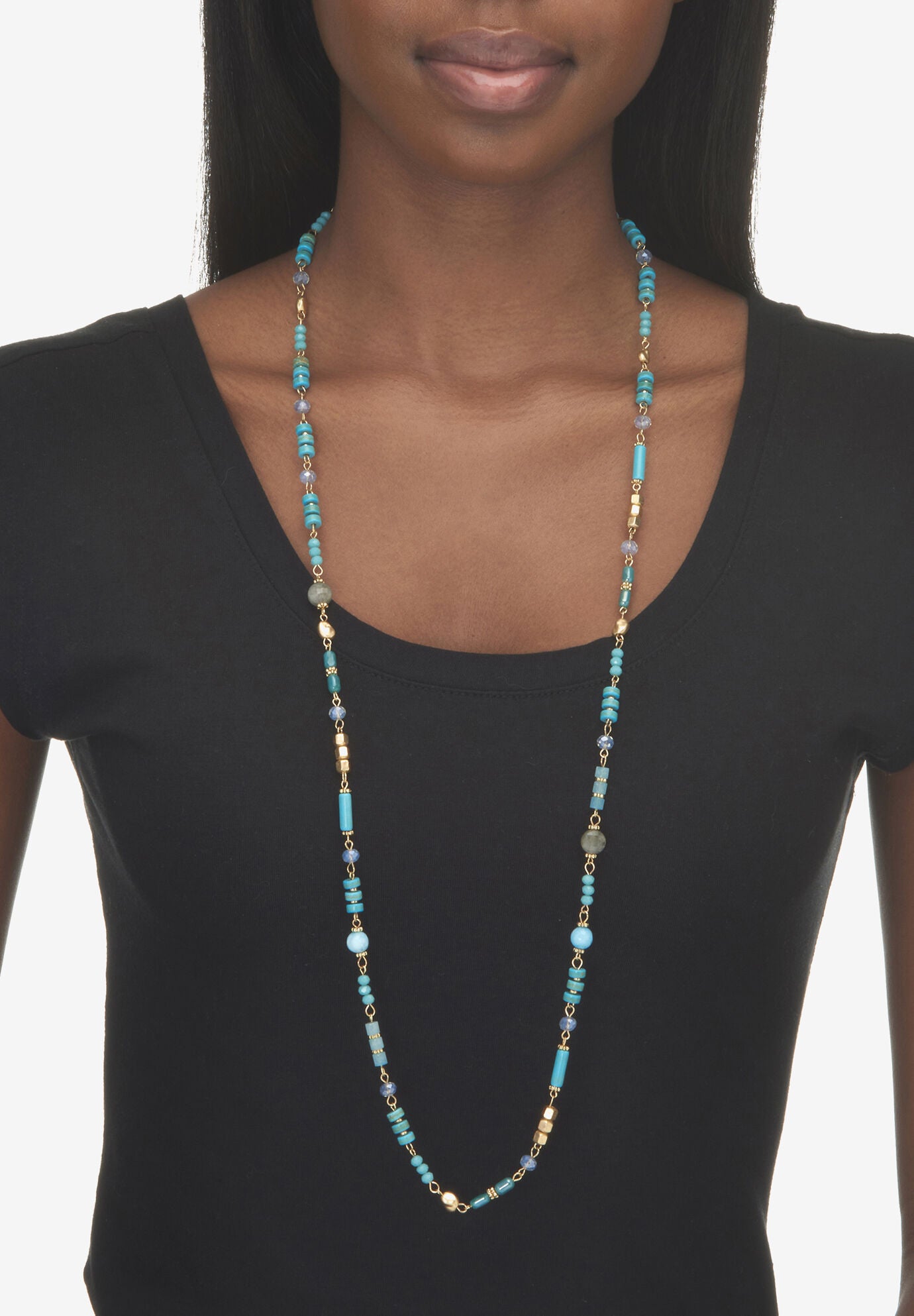 Round Genuine Turquoise Hammered Goldtone Endless Necklace, 36 Inches, , alternate image number 2