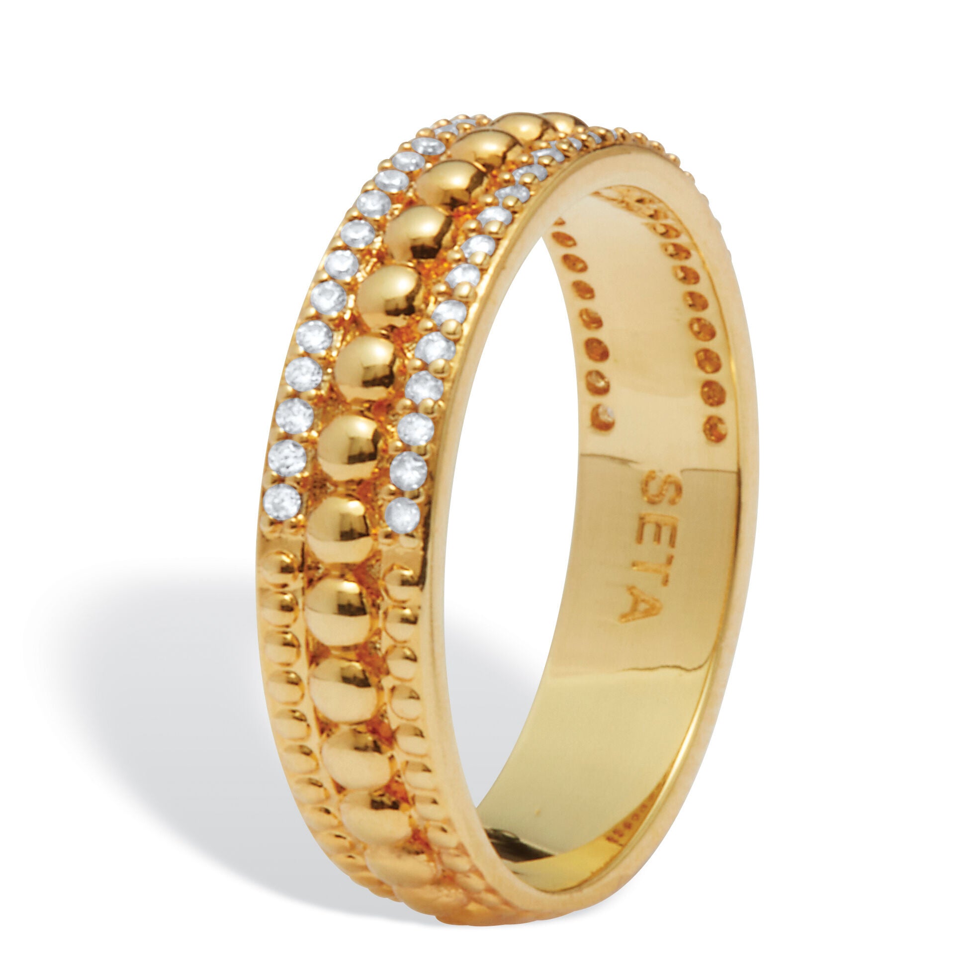 Triple Row Yellow Gold-Plated Round Crystal Band Ring, WHITE, on-hover image number 1