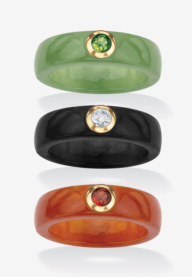 Genuine Jade And Peridot, Garnet And White Topaz Ring 3-Piece Set In 10K Gold, GREEN, hi-res image number null