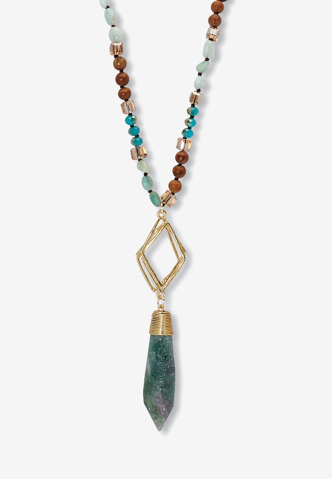 Genuine Blue Agate And Brown Agate Beaded Goldtone Drop Necklace, 34-Inch Length, BLUE, hi-res image number null