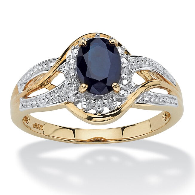 10k Yellow Gold Oval Blue Sapphire and Round Diamond Accent Ring, WHITE, hi-res image number null