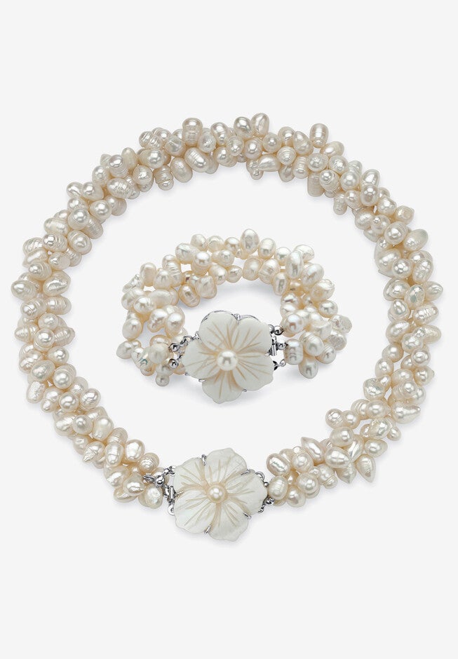 Silver Tone Oval Cultured Freshwater Pearl (7x9mm) Flower Necklace and Bracelet Set, 18 inches, SILVER, hi-res image number null