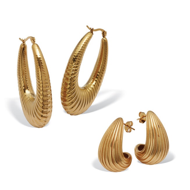Yellow Gold Ion-Plated Stainless Steel Drop Earrings, 2-Pair Set, GOLD, hi-res image number null