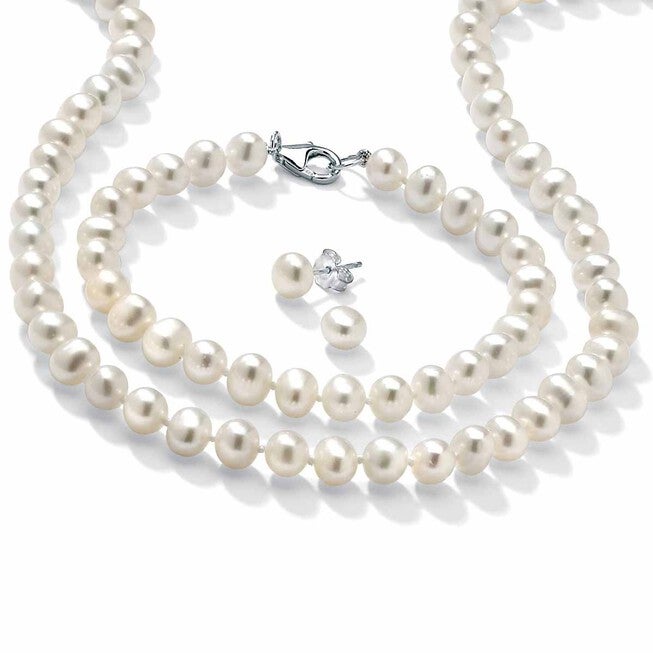 3 Piece Cultured Freshwater Pearl Necklace Bracelet and Earrings Set .925 Silver, WHITE, hi-res image number null