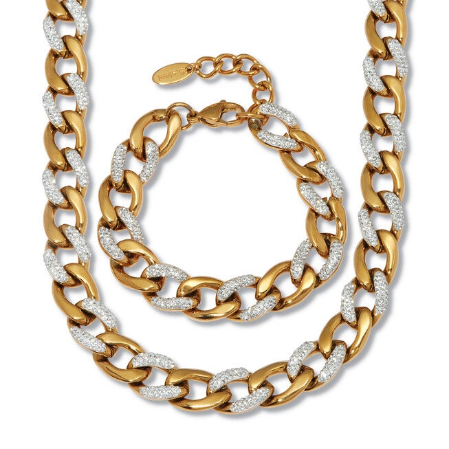 Round Crystal Gold Ion-Plated Stainless Steel Link Necklace Set 18 to 20-inch, WHITE, hi-res image number 0